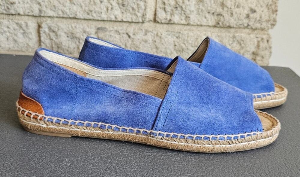 Patricia Green Espadrille Flats, Ashley, Peep Toe, Blue Suede, New, Sz 5.5